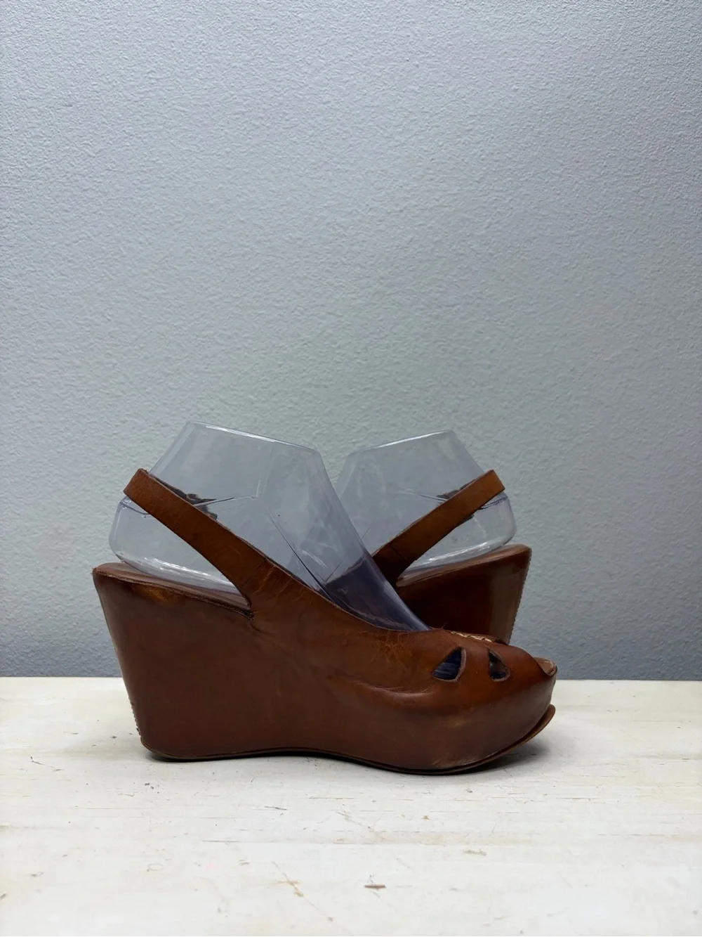 Kork-Ease Brown Leather Felicia Peep Toe Wedge Sandals Size 8